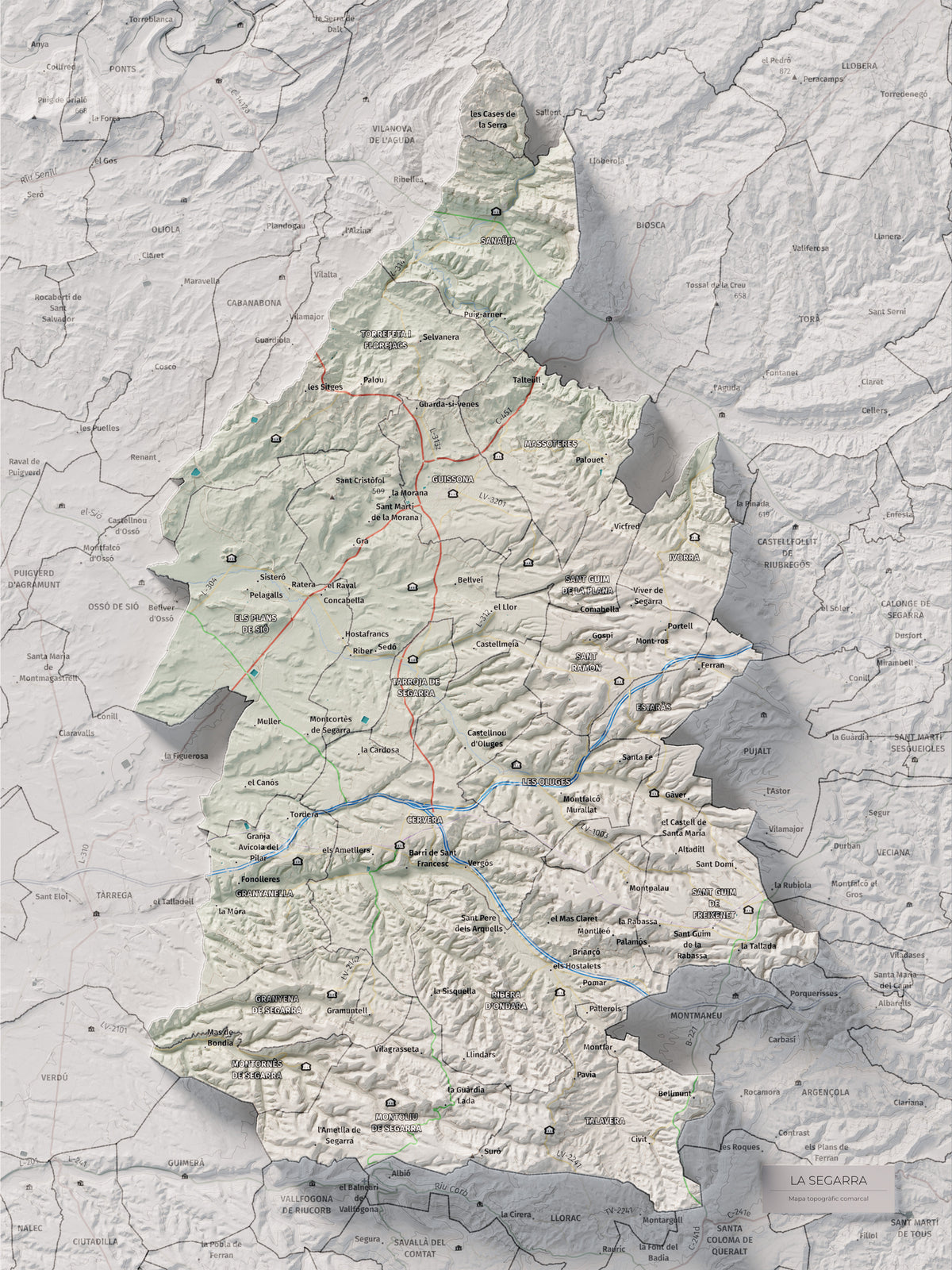 Mapa de relleu de la Segarra, amb el territori en color i l’entorn en blanc. Vista completa de la làmina. 30 × 40 cm. Estil Cartogràfic.