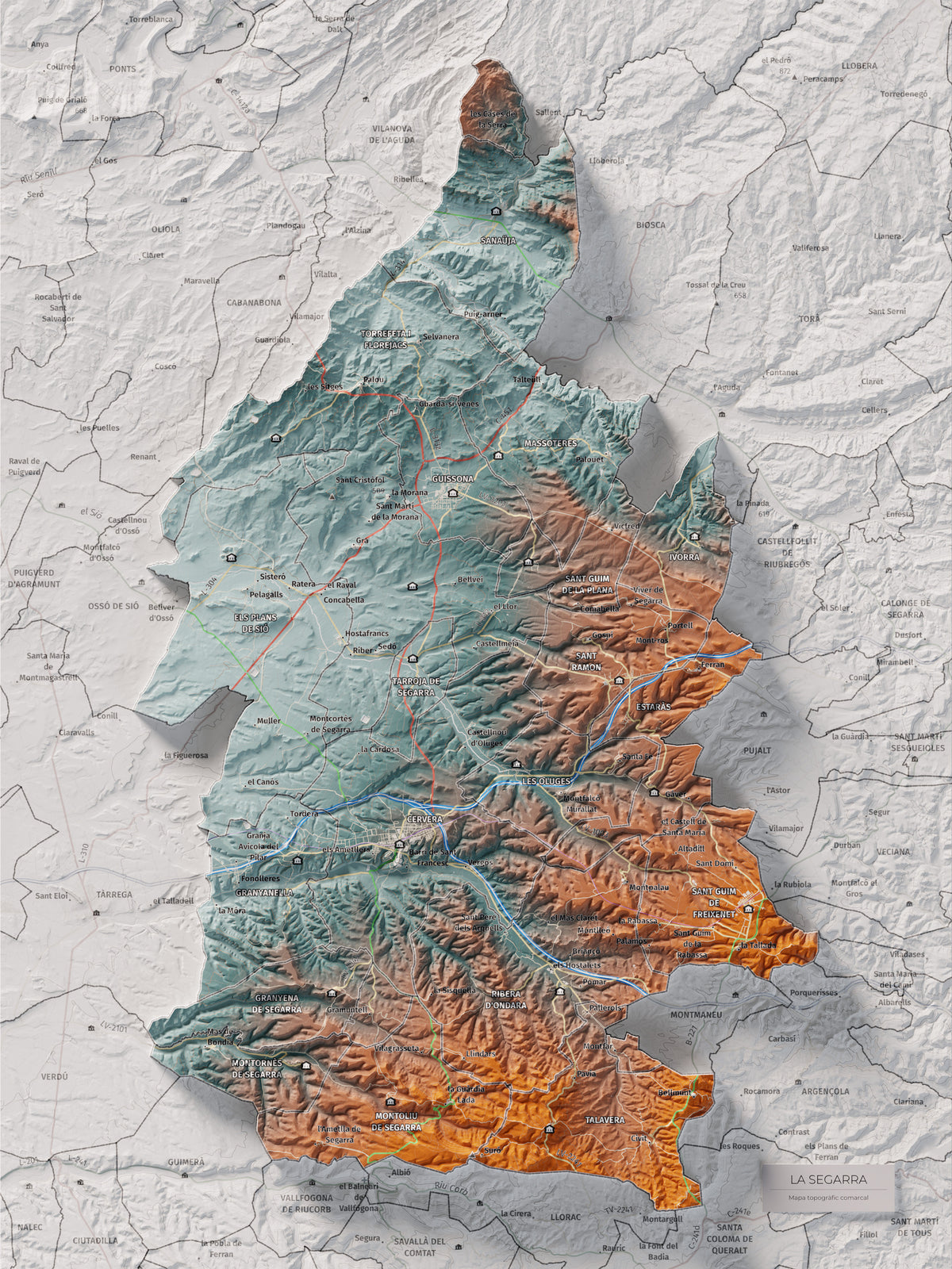 Mapa de relleu de la Segarra, amb el territori en color i l’entorn en blanc. Vista completa de la làmina. 30 × 40 cm. Estil Blau i taronja.