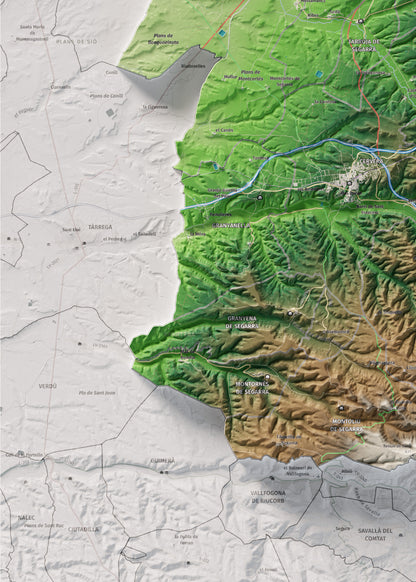 Mapa de relleu de la Segarra, amb el territori en color i l’entorn en blanc. Detall de la part inferior esquerra. 50 × 70 cm. Estil Clàssic.
