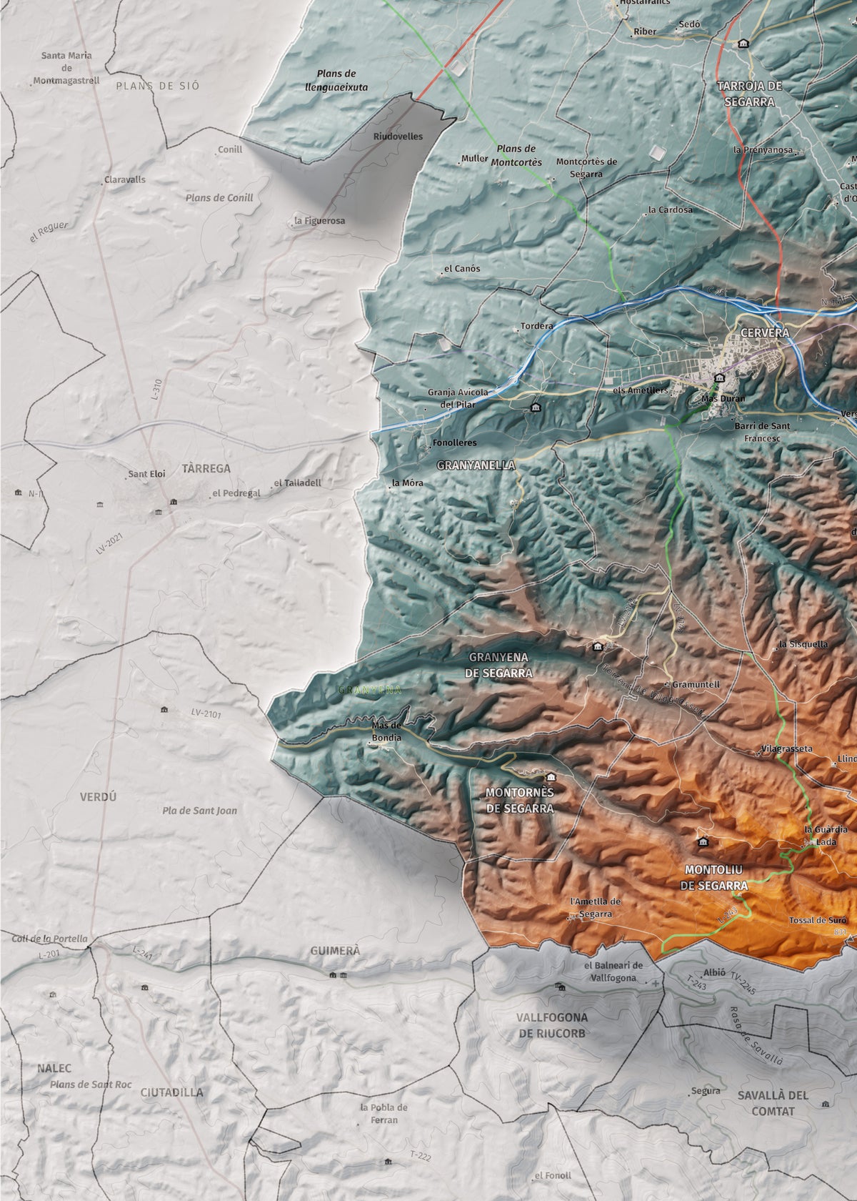Mapa de relleu de la Segarra, amb el territori en color i l’entorn en blanc. Detall de la part inferior esquerra. 50 × 70 cm. Estil Blau i taronja.