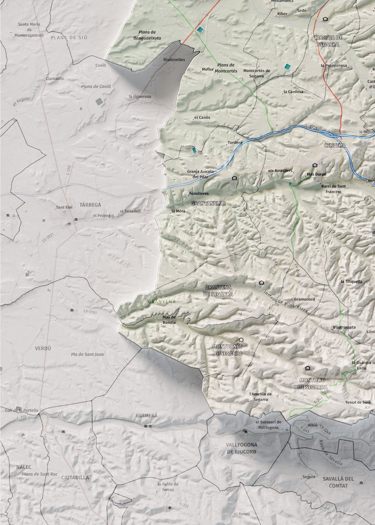 Mapa de relleu de la Segarra, amb el territori en color i l’entorn en blanc. Detall de la part inferior esquerra. 50 × 70 cm. Estil Cartogràfic.