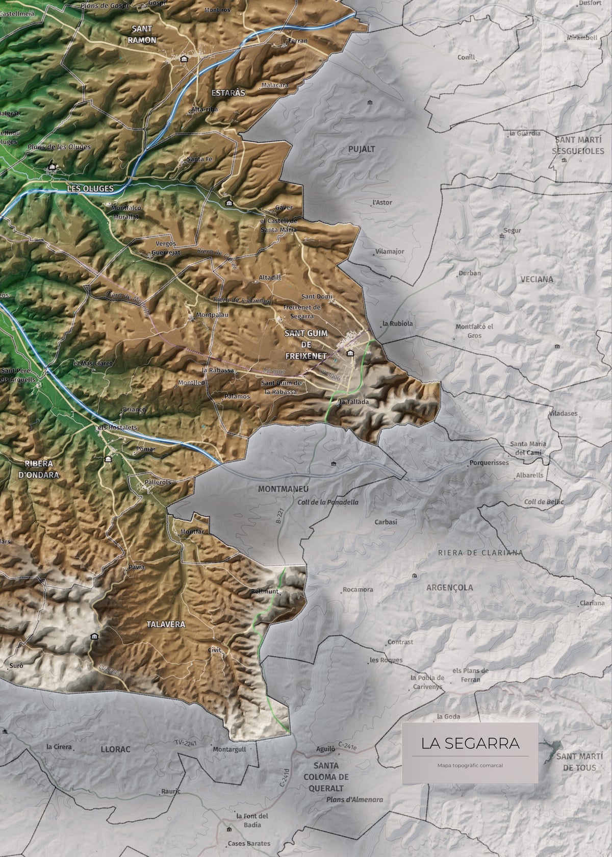 Mapa de relleu de la Segarra, amb el territori en color i l’entorn en blanc. Detall de la part inferior dreta. 50 × 70 cm. Estil Clàssic.