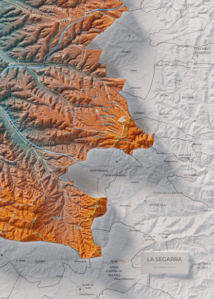 Mapa de relleu de la Segarra, amb el territori en color i l’entorn en blanc. Detall de la part inferior dreta. 50 × 70 cm. Estil Blau i taronja.
