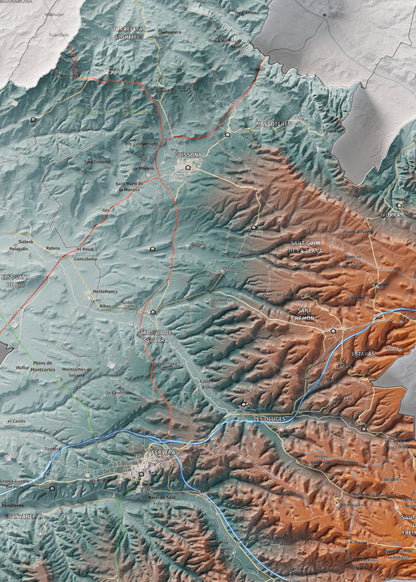 Mapa de relleu de la Segarra, amb el territori en color i l’entorn en blanc. Detall de la part central. 50 × 70 cm. Estil Blau i taronja.