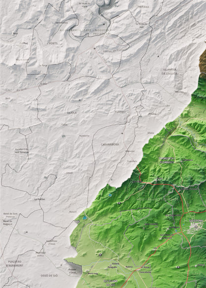 Mapa de relleu de la Segarra, amb el territori en color i l’entorn en blanc. Detall de la part superior esquerra. 50 × 70 cm. Estil Clàssic.