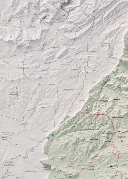 Mapa de relleu de la Segarra, amb el territori en color i l’entorn en blanc. Detall de la part superior esquerra. 50 × 70 cm. Estil Cartogràfic.