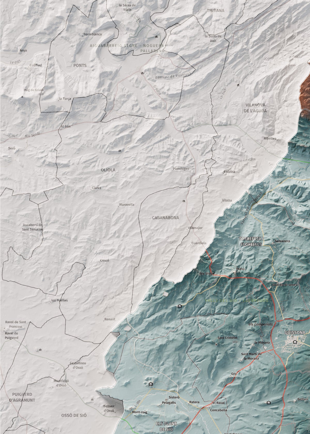 Mapa de relleu de la Segarra, amb el territori en color i l’entorn en blanc. Detall de la part superior esquerra. 50 × 70 cm. Estil Blau i taronja.
