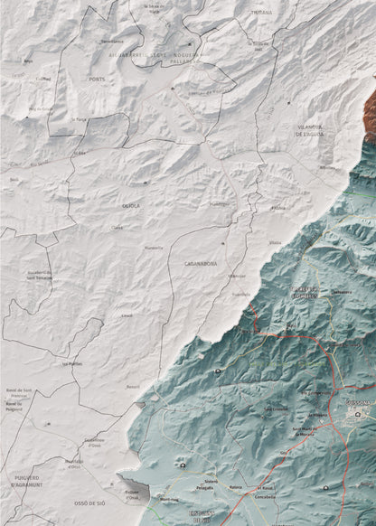 Mapa de relleu de la Segarra, amb el territori en color i l’entorn en blanc. Detall de la part superior esquerra. 50 × 70 cm. Estil Blau i taronja.