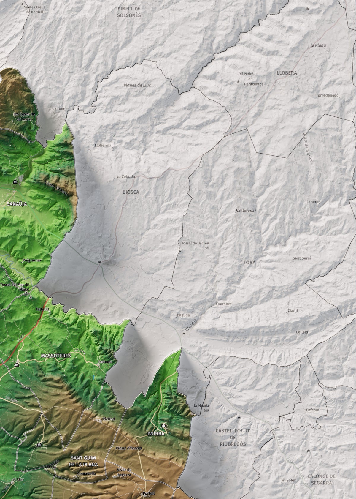 Mapa de relleu de la Segarra, amb el territori en color i l’entorn en blanc. Detall de la part superior dreta. 50 × 70 cm. Estil Clàssic.