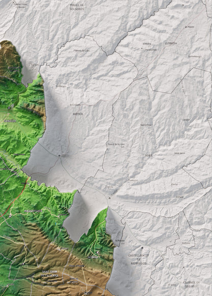 Mapa de relleu de la Segarra, amb el territori en color i l’entorn en blanc. Detall de la part superior dreta. 50 × 70 cm. Estil Clàssic.