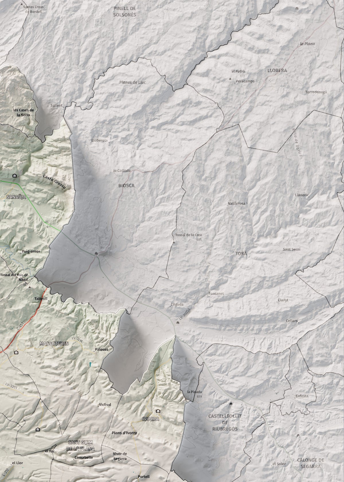 Mapa de relleu de la Segarra, amb el territori en color i l’entorn en blanc. Detall de la part superior dreta. 50 × 70 cm. Estil Cartogràfic.