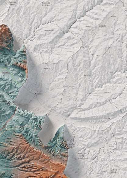 Mapa de relleu de la Segarra, amb el territori en color i l’entorn en blanc. Detall de la part superior dreta. 50 × 70 cm. Estil Blau i taronja.