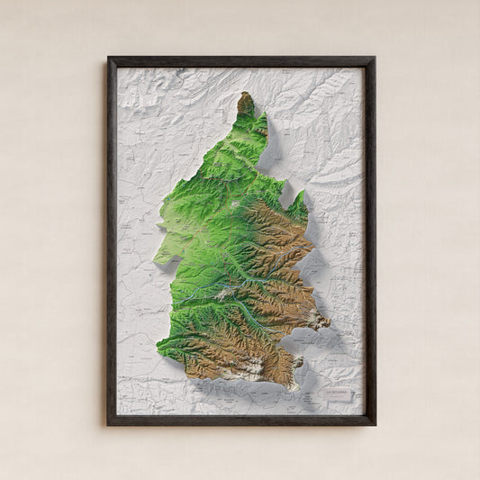 Mapa de relieve de la Segarra, con el territorio en color y el entorno en blanco. Presentación con marco. 50 × 70 cm. Estilo Clásico.