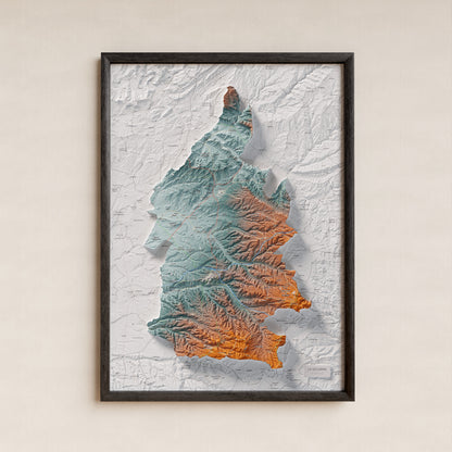Mapa de relleu de la Segarra, amb el territori en color i l’entorn en blanc. Presentació amb marc. 50 × 70 cm. Estil Blau i taronja.