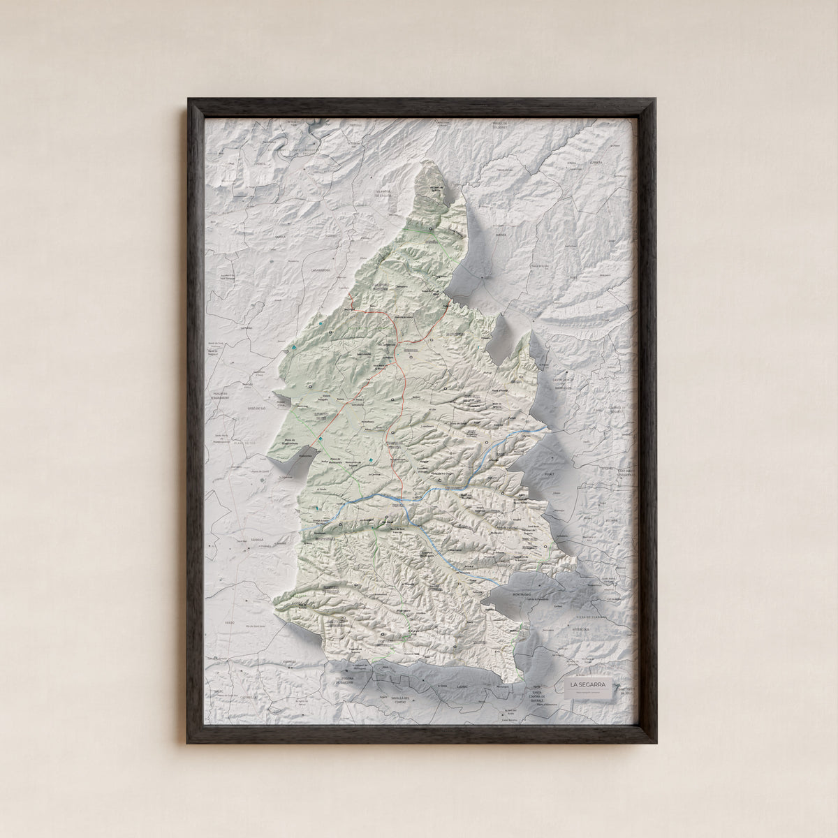 Mapa de relleu de la Segarra, amb el territori en color i l’entorn en blanc. Presentació amb marc. 50 × 70 cm. Estil Cartogràfic.