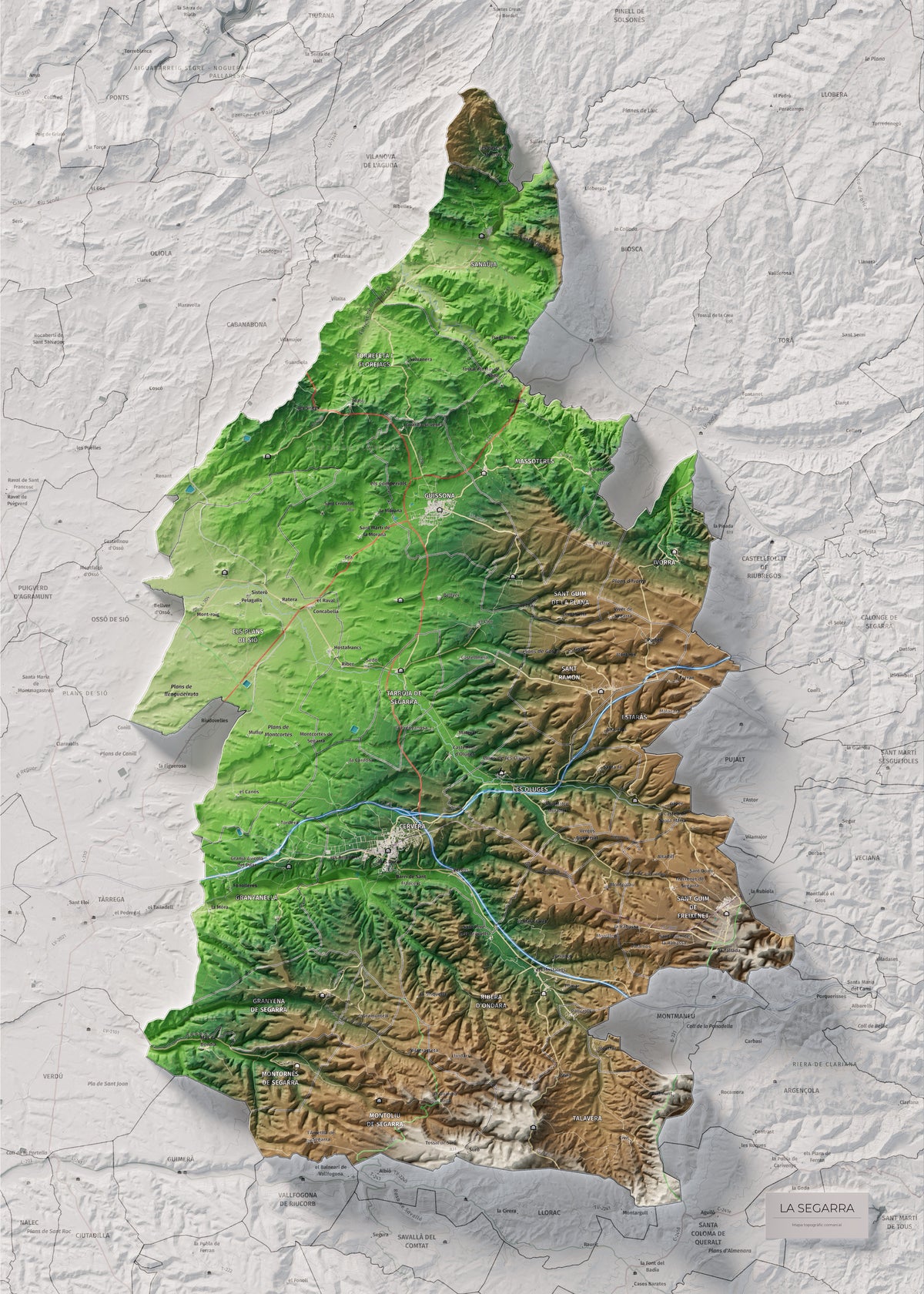 Mapa de relleu de la Segarra, amb el territori en color i l’entorn en blanc. Vista completa de la làmina. 50 × 70 cm. Estil Clàssic.