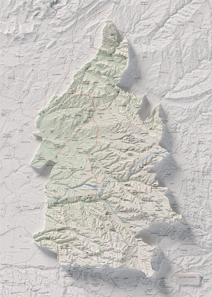 Mapa de relleu de la Segarra, amb el territori en color i l’entorn en blanc. Vista completa de la làmina. 50 × 70 cm. Estil Cartogràfic.