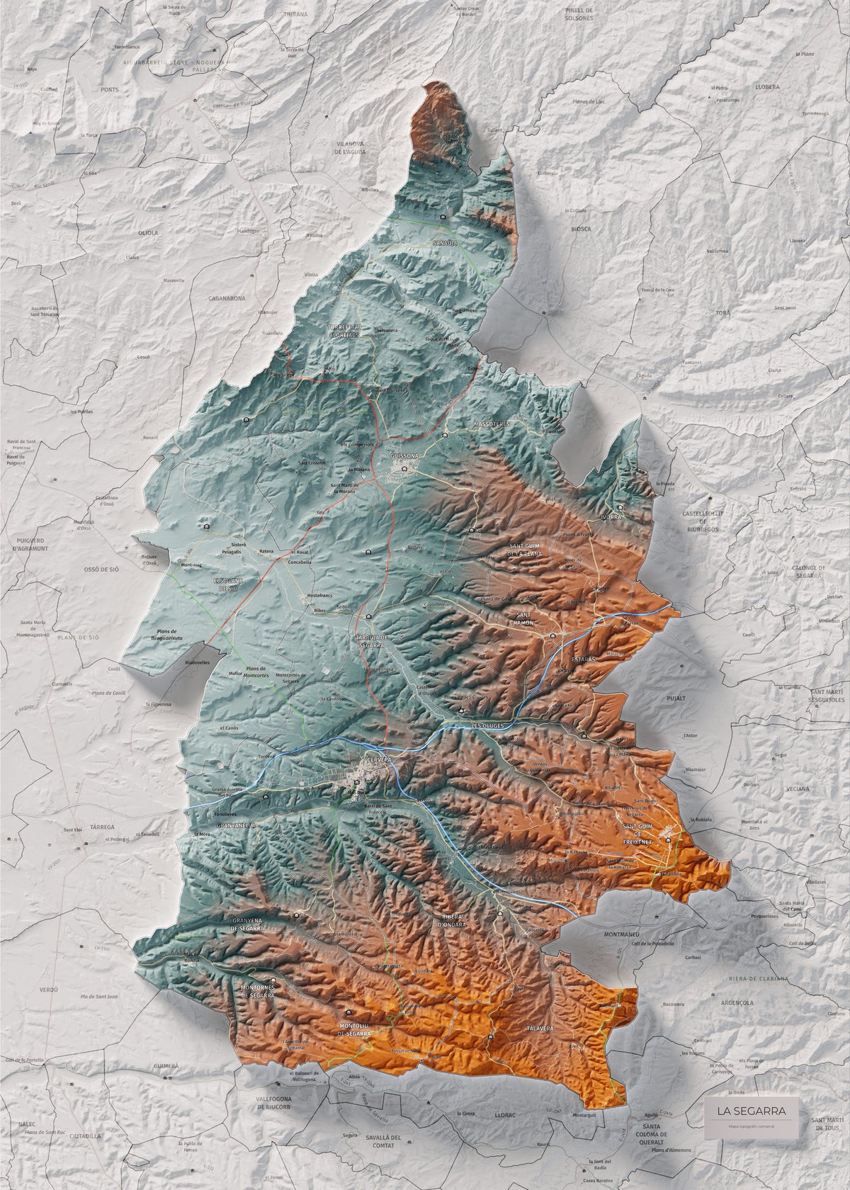 Mapa de relleu de la Segarra, amb el territori en color i l’entorn en blanc. Vista completa de la làmina. 50 × 70 cm. Estil Blau i taronja.