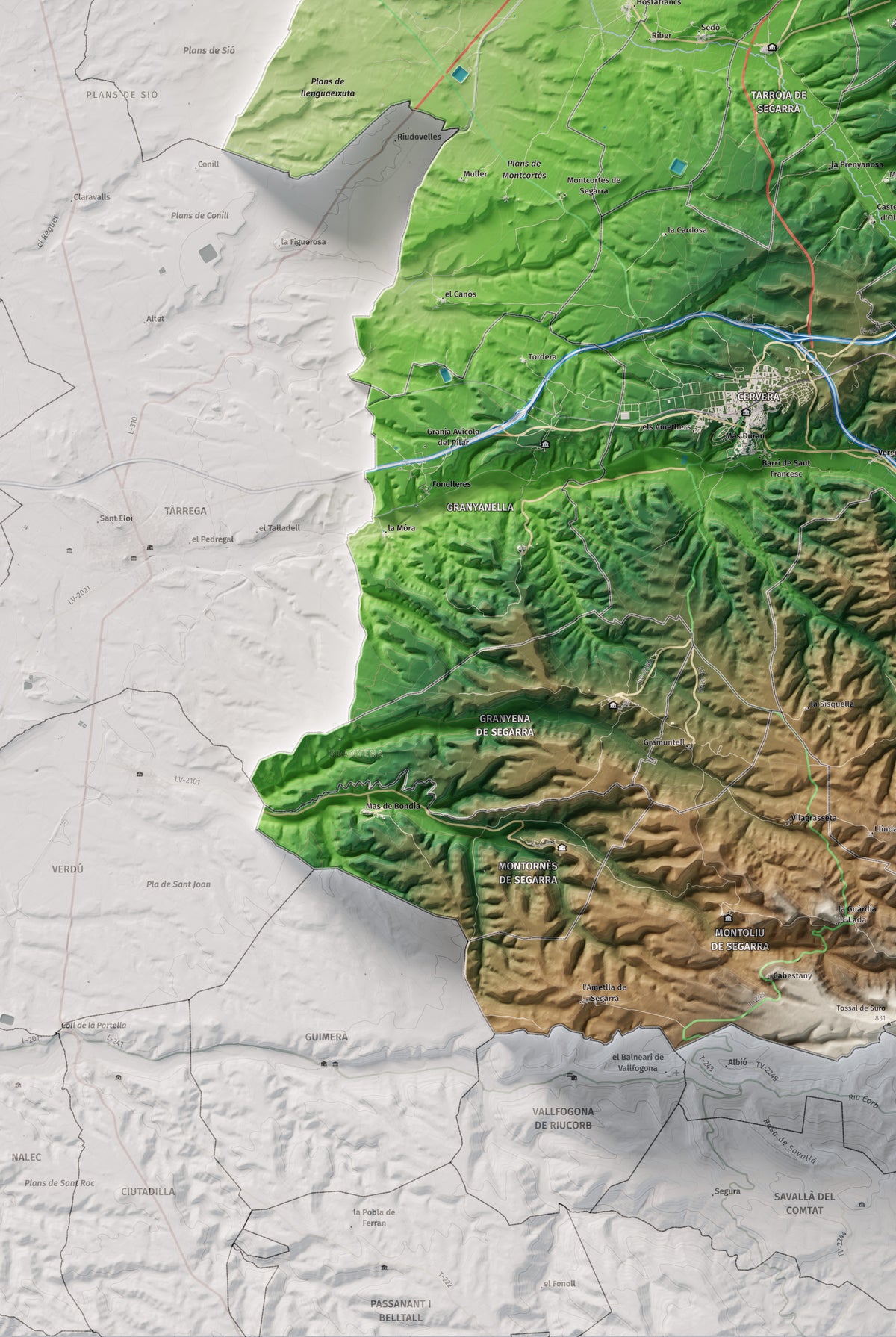 Mapa de relleu de la Segarra, amb el territori en color i l’entorn en blanc. Detall de la part inferior esquerra. 61 × 91 cm. Estil Clàssic.