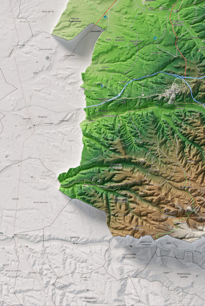 Mapa de relleu de la Segarra, amb el territori en color i l’entorn en blanc. Detall de la part inferior esquerra. 61 × 91 cm. Estil Clàssic.