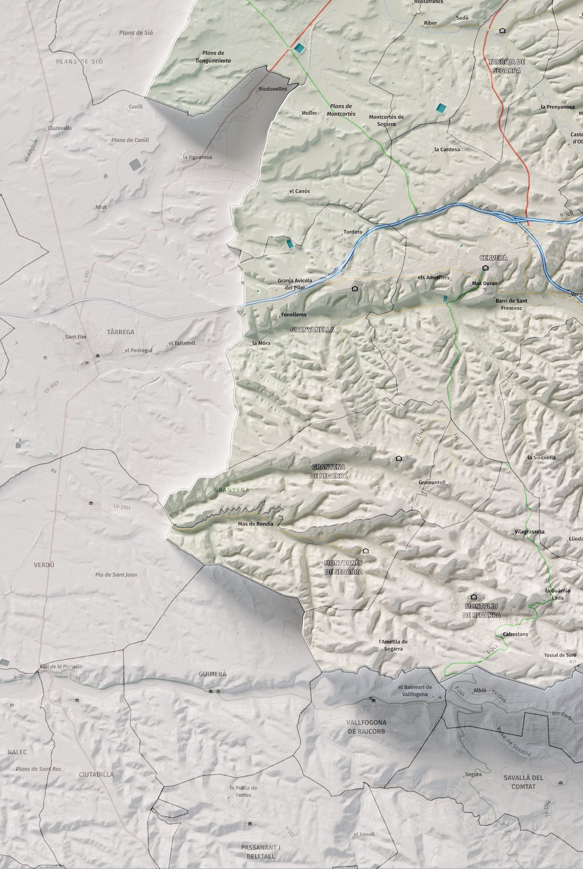 Mapa de relleu de la Segarra, amb el territori en color i l’entorn en blanc. Detall de la part inferior esquerra. 61 × 91 cm. Estil Cartogràfic.