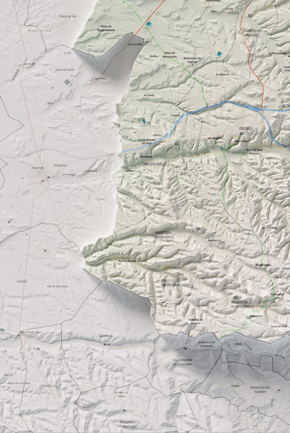 Mapa de relleu de la Segarra, amb el territori en color i l’entorn en blanc. Detall de la part inferior esquerra. 61 × 91 cm. Estil Cartogràfic.