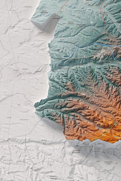 Mapa de relleu de la Segarra, amb el territori en color i l’entorn en blanc. Detall de la part inferior esquerra. 61 × 91 cm. Estil Blau i taronja.