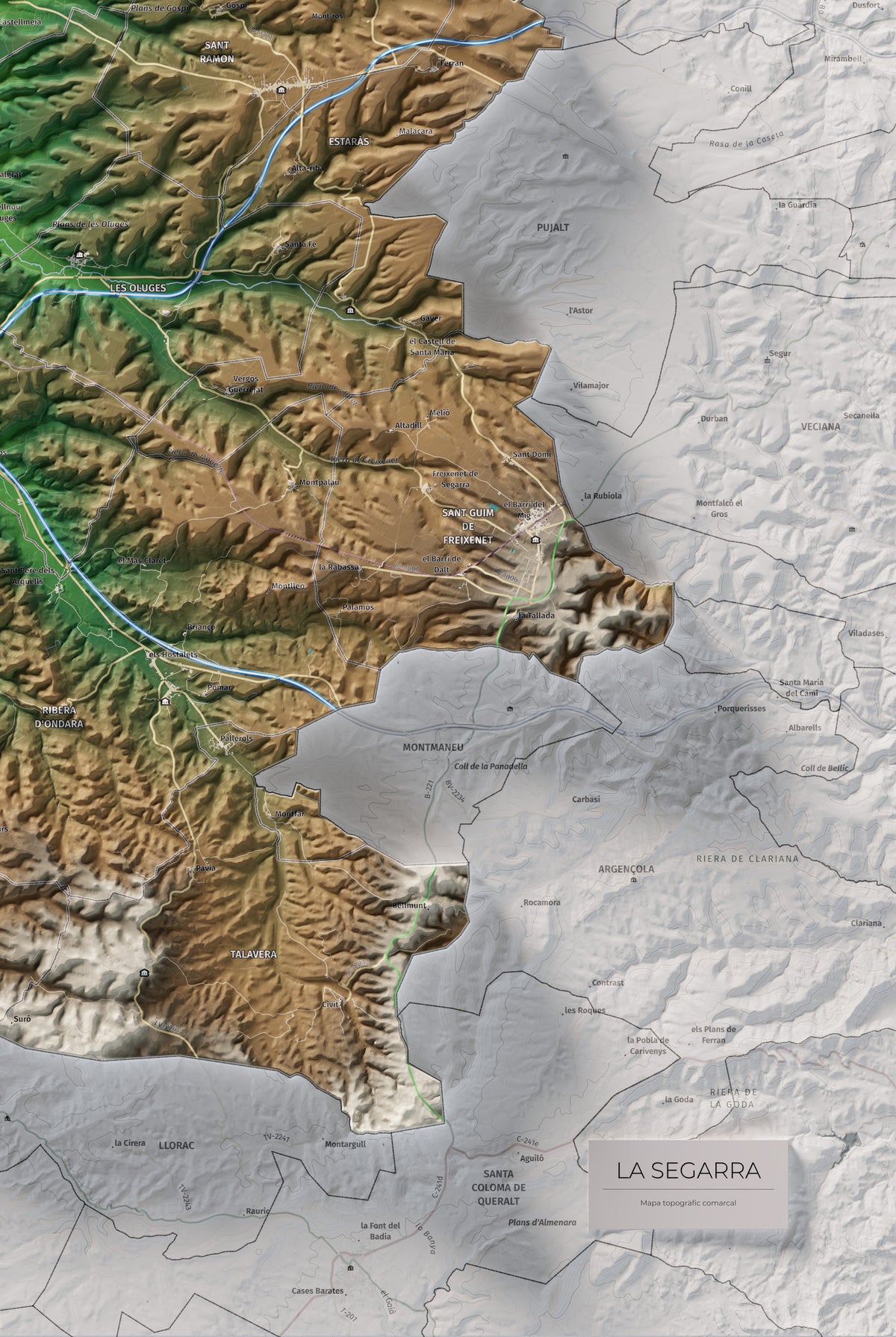 Mapa de relleu de la Segarra, amb el territori en color i l’entorn en blanc. Detall de la part inferior dreta. 61 × 91 cm. Estil Clàssic.