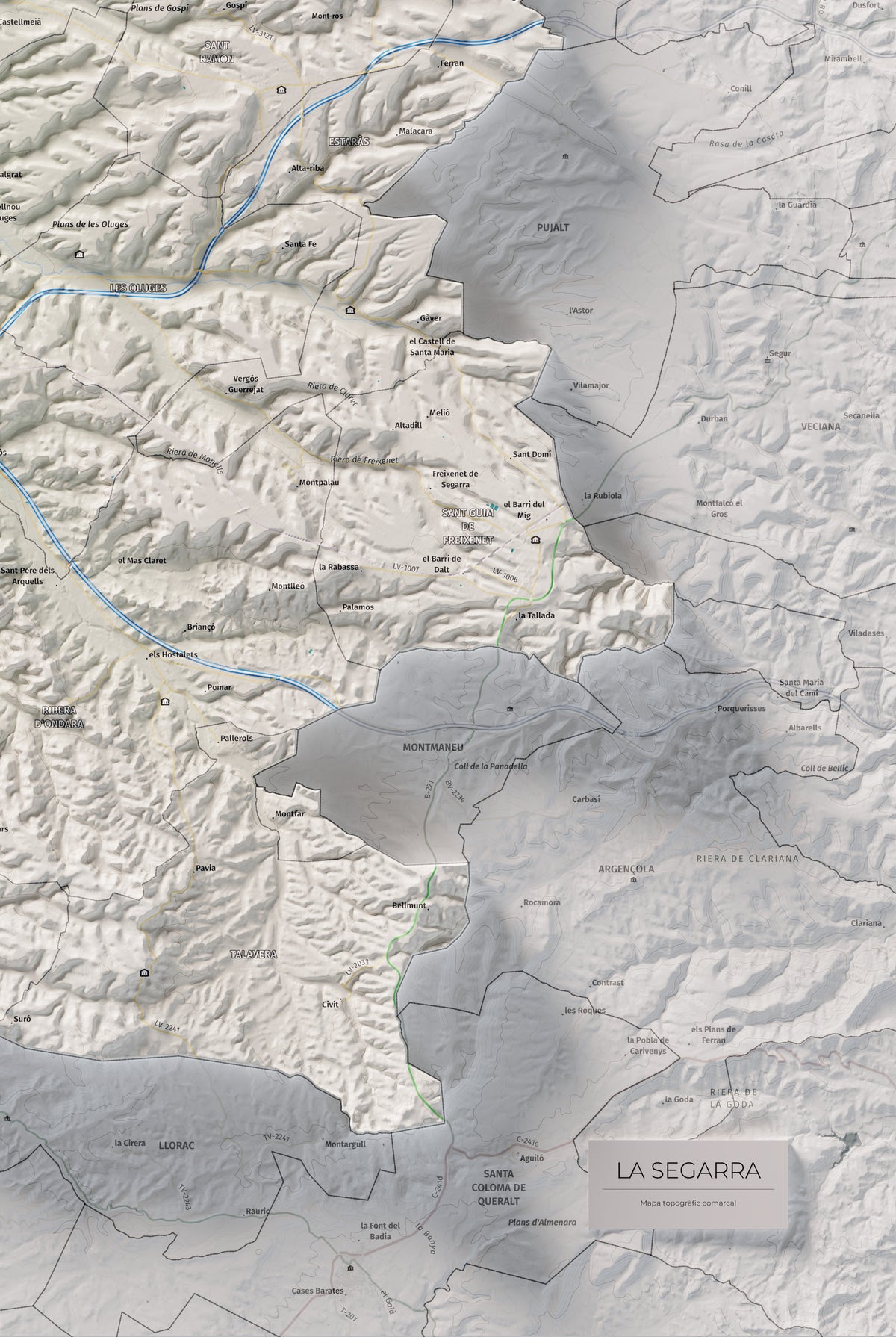 Mapa de relleu de la Segarra, amb el territori en color i l’entorn en blanc. Detall de la part inferior dreta. 61 × 91 cm. Estil Cartogràfic.