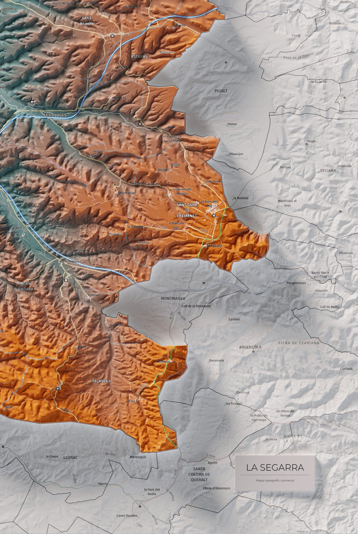 Mapa de relleu de la Segarra, amb el territori en color i l’entorn en blanc. Detall de la part inferior dreta. 61 × 91 cm. Estil Blau i taronja.