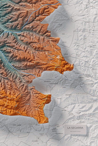 Mapa de relleu de la Segarra, amb el territori en color i l’entorn en blanc. Detall de la part inferior dreta. 61 × 91 cm. Estil Blau i taronja.
