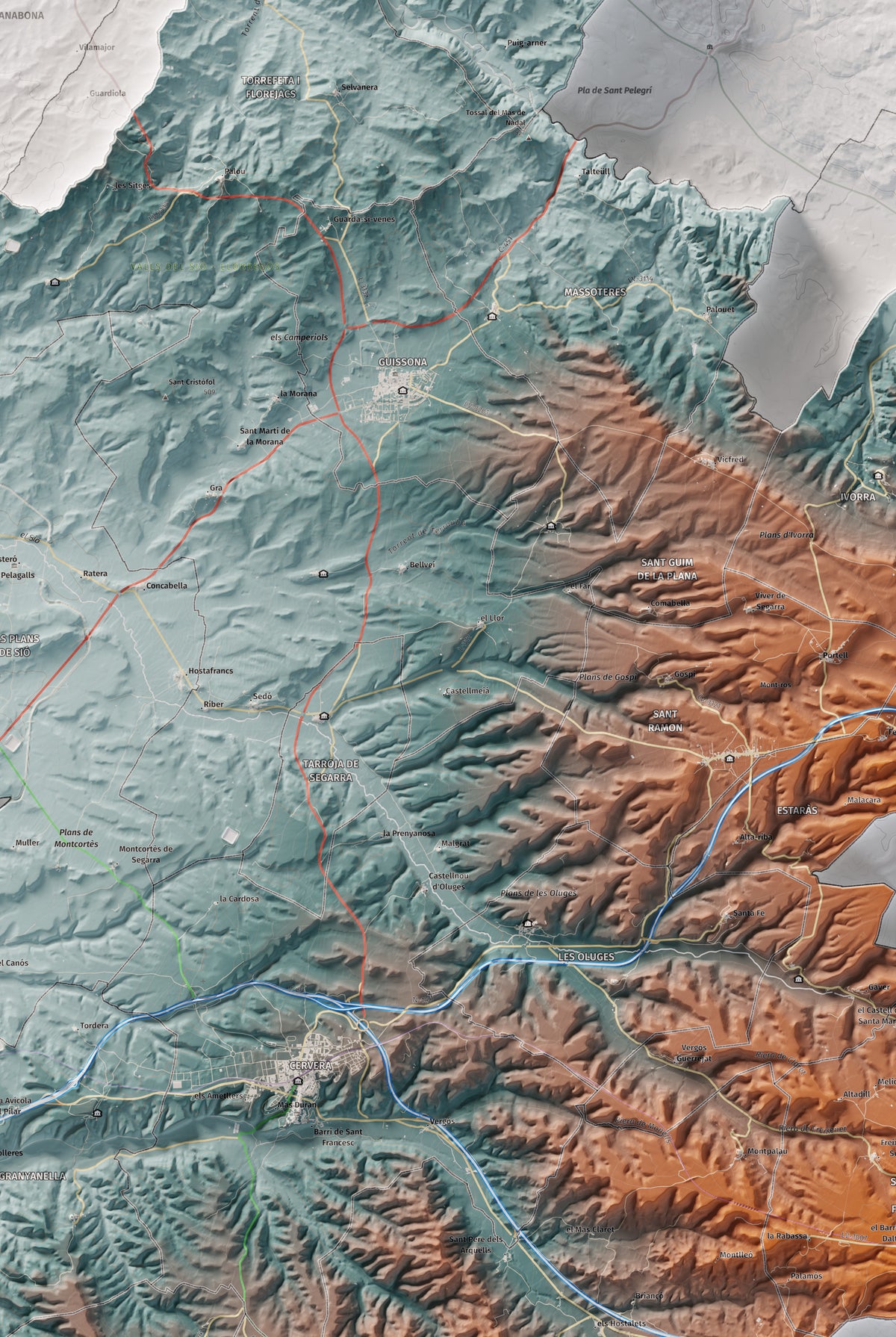 Mapa de relleu de la Segarra, amb el territori en color i l’entorn en blanc. Detall de la part central. 61 × 91 cm. Estil Blau i taronja.