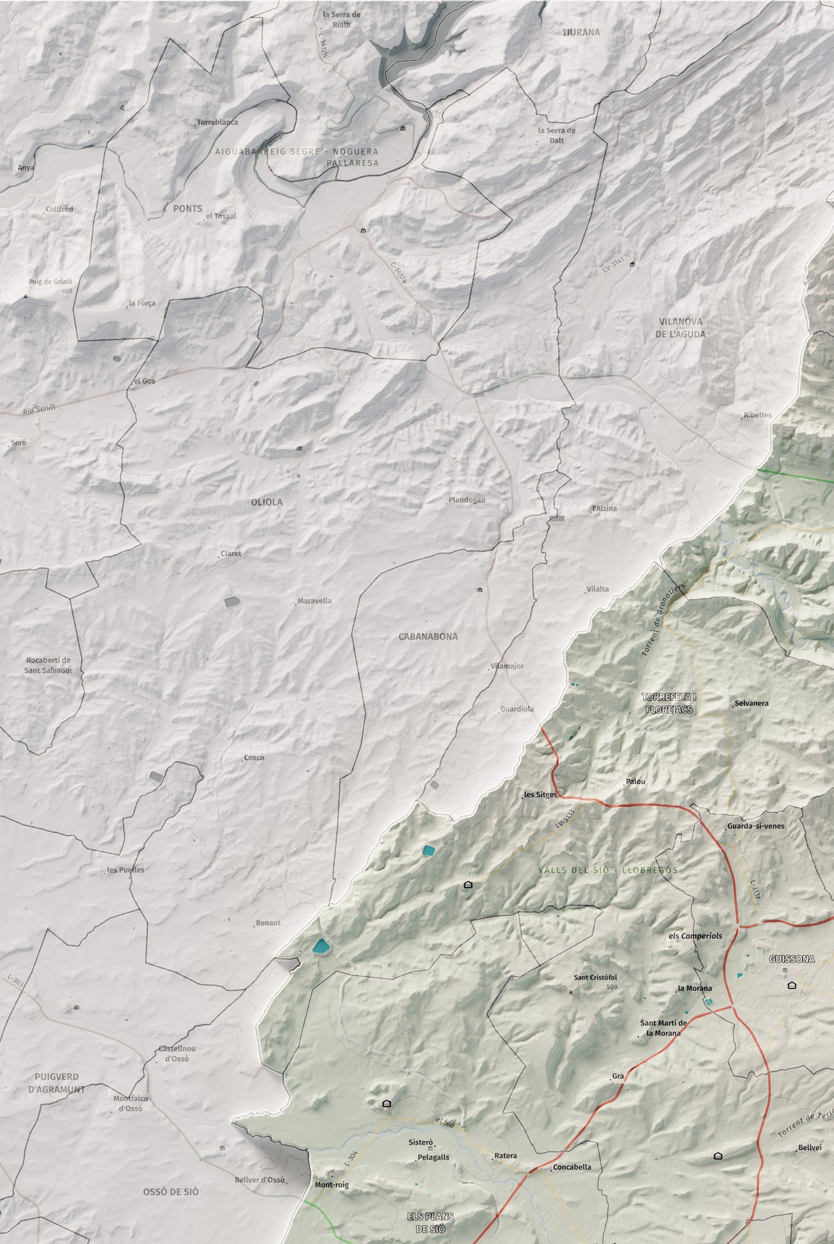 Mapa de relleu de la Segarra, amb el territori en color i l’entorn en blanc. Detall de la part superior esquerra. 61 × 91 cm. Estil Cartogràfic.