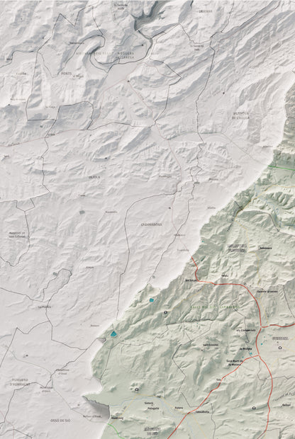 Mapa de relleu de la Segarra, amb el territori en color i l’entorn en blanc. Detall de la part superior esquerra. 61 × 91 cm. Estil Cartogràfic.