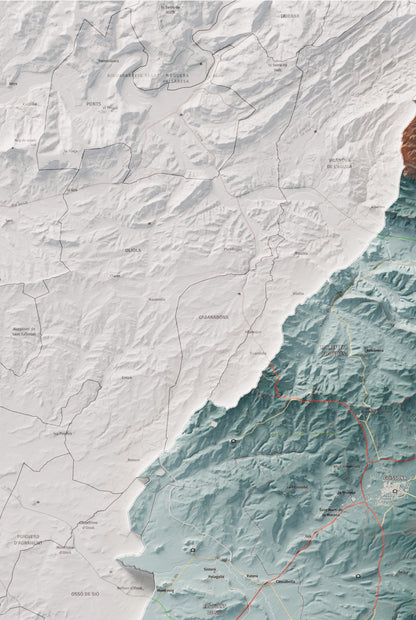Mapa de relleu de la Segarra, amb el territori en color i l’entorn en blanc. Detall de la part superior esquerra. 61 × 91 cm. Estil Blau i taronja.