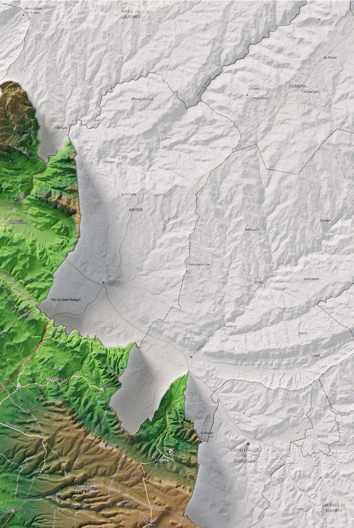 Mapa de relleu de la Segarra, amb el territori en color i l’entorn en blanc. Detall de la part superior dreta. 61 × 91 cm. Estil Clàssic.