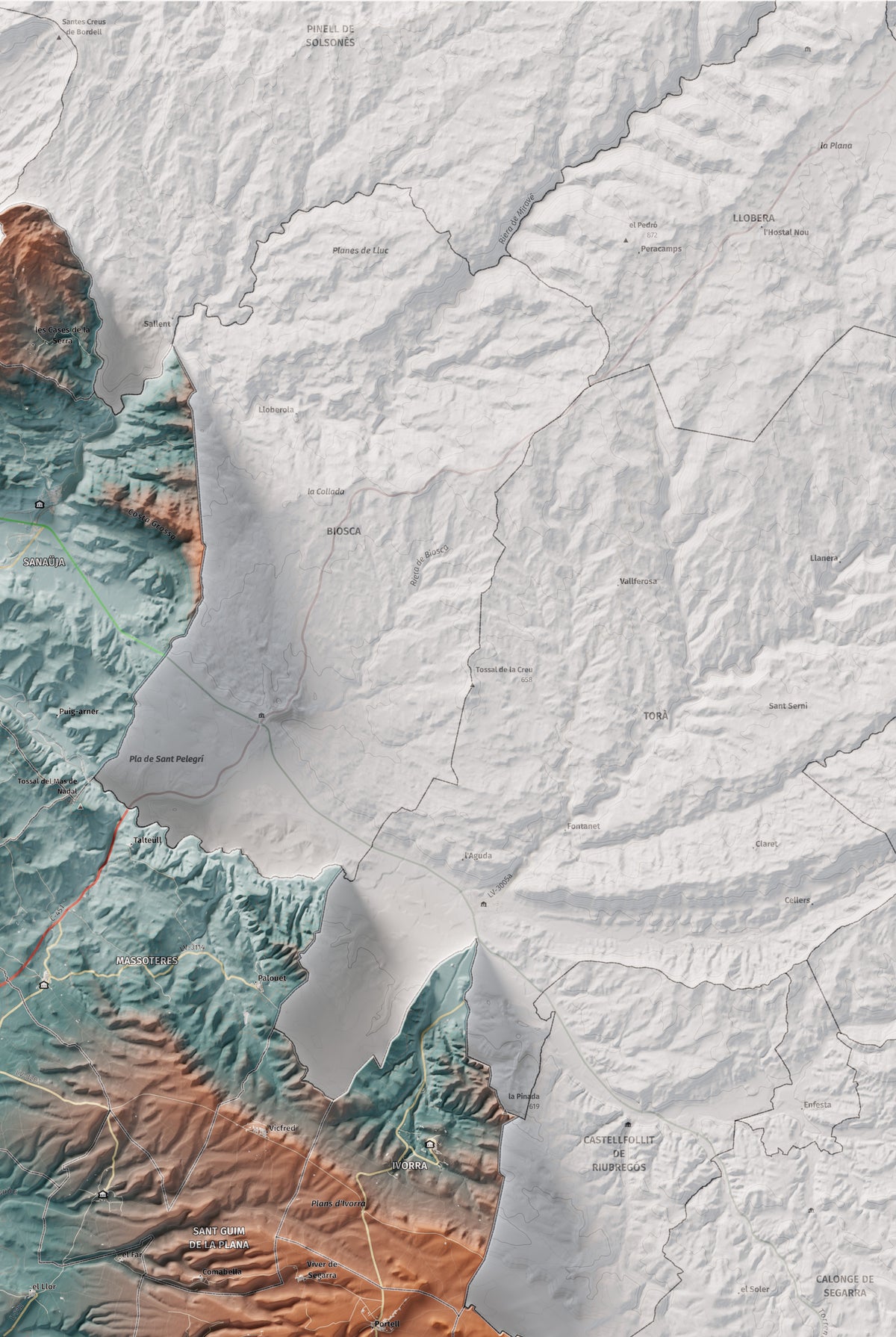 Mapa de relleu de la Segarra, amb el territori en color i l’entorn en blanc. Detall de la part superior dreta. 61 × 91 cm. Estil Blau i taronja.
