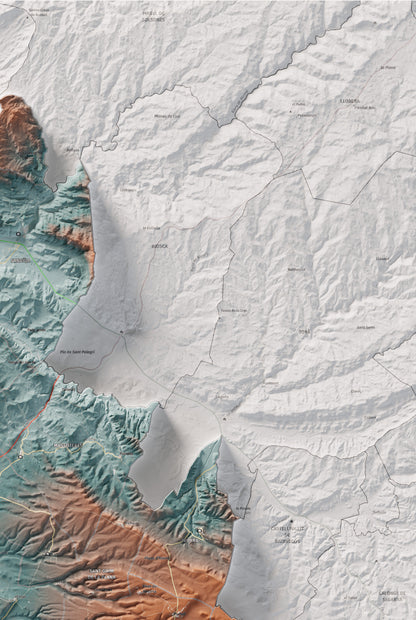 Mapa de relleu de la Segarra, amb el territori en color i l’entorn en blanc. Detall de la part superior dreta. 61 × 91 cm. Estil Blau i taronja.