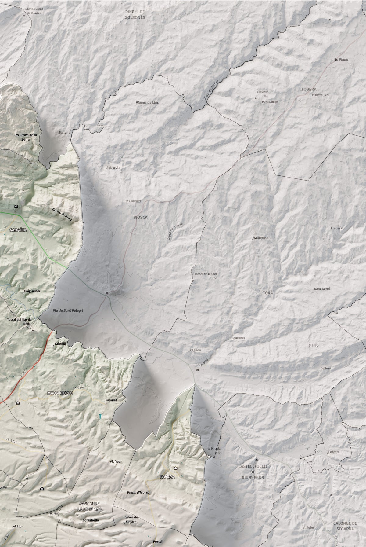 Mapa de relleu de la Segarra, amb el territori en color i l’entorn en blanc. Detall de la part superior dreta. 61 × 91 cm. Estil Cartogràfic.