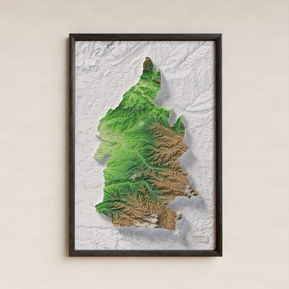 Mapa de relleu de la Segarra, amb el territori en color i l’entorn en blanc. Presentació amb marc. 61 × 91 cm. Estil Clàssic.