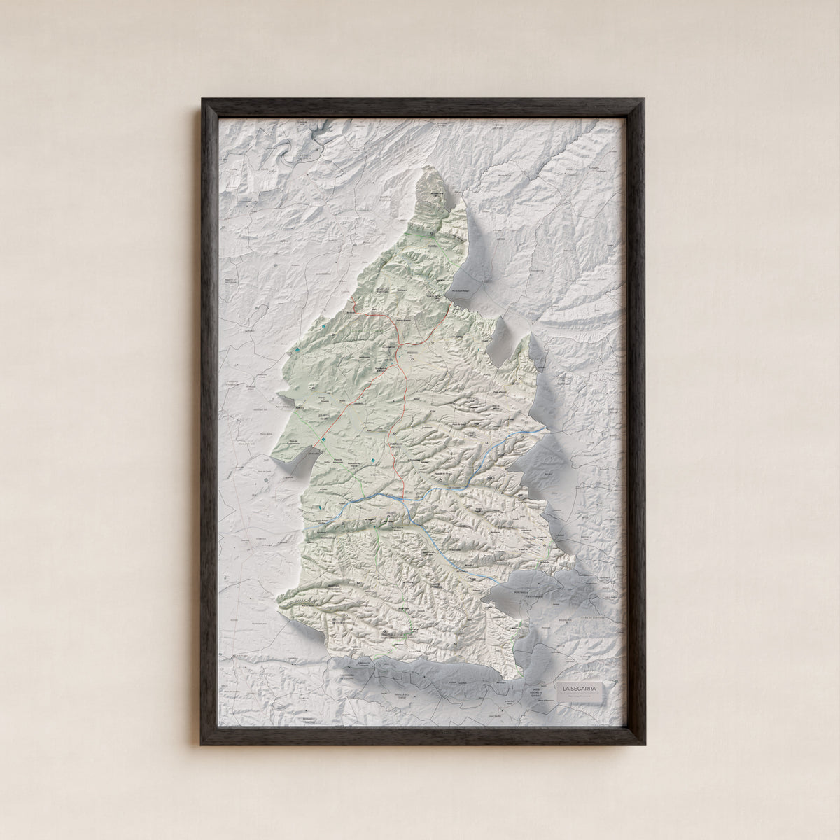 Mapa de relleu de la Segarra, amb el territori en color i l’entorn en blanc. Presentació amb marc. 61 × 91 cm. Estil Cartogràfic.