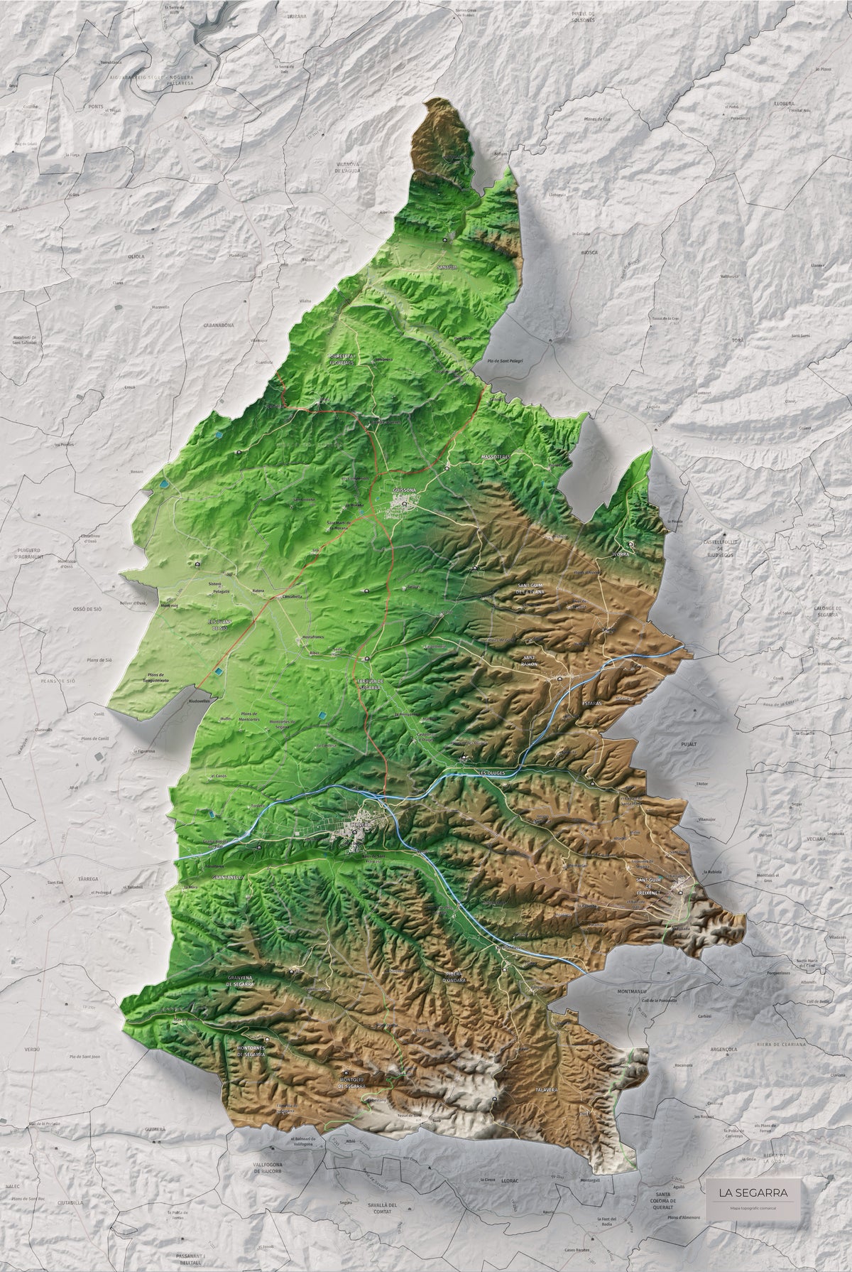Mapa de relleu de la Segarra, amb el territori en color i l’entorn en blanc. Vista completa de la làmina. 61 × 91 cm. Estil Clàssic.