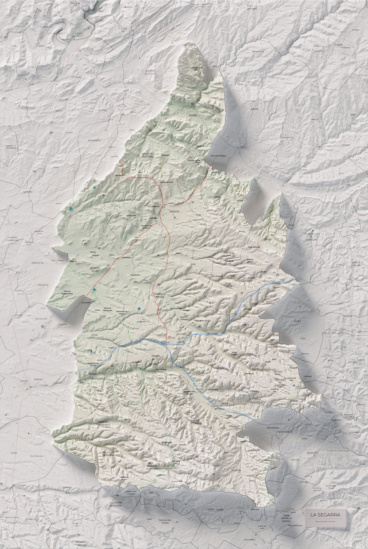 Mapa de relleu de la Segarra, amb el territori en color i l’entorn en blanc. Vista completa de la làmina. 61 × 91 cm. Estil Cartogràfic.