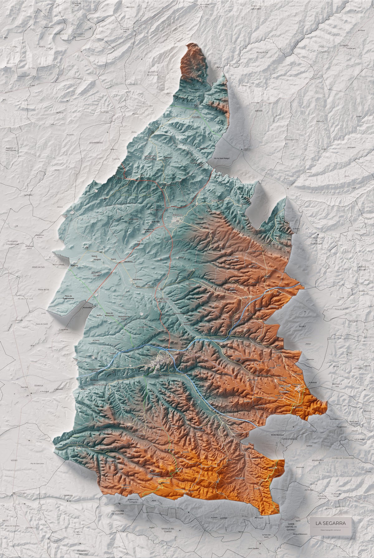 Mapa de relleu de la Segarra, amb el territori en color i l’entorn en blanc. Vista completa de la làmina. 61 × 91 cm. Estil Blau i taronja.