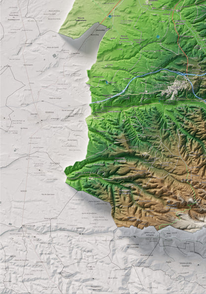 Mapa de relleu de la Segarra, amb el territori en color i l’entorn en blanc. Detall de la part inferior esquerra. 70 × 100 cm. Estil Clàssic.