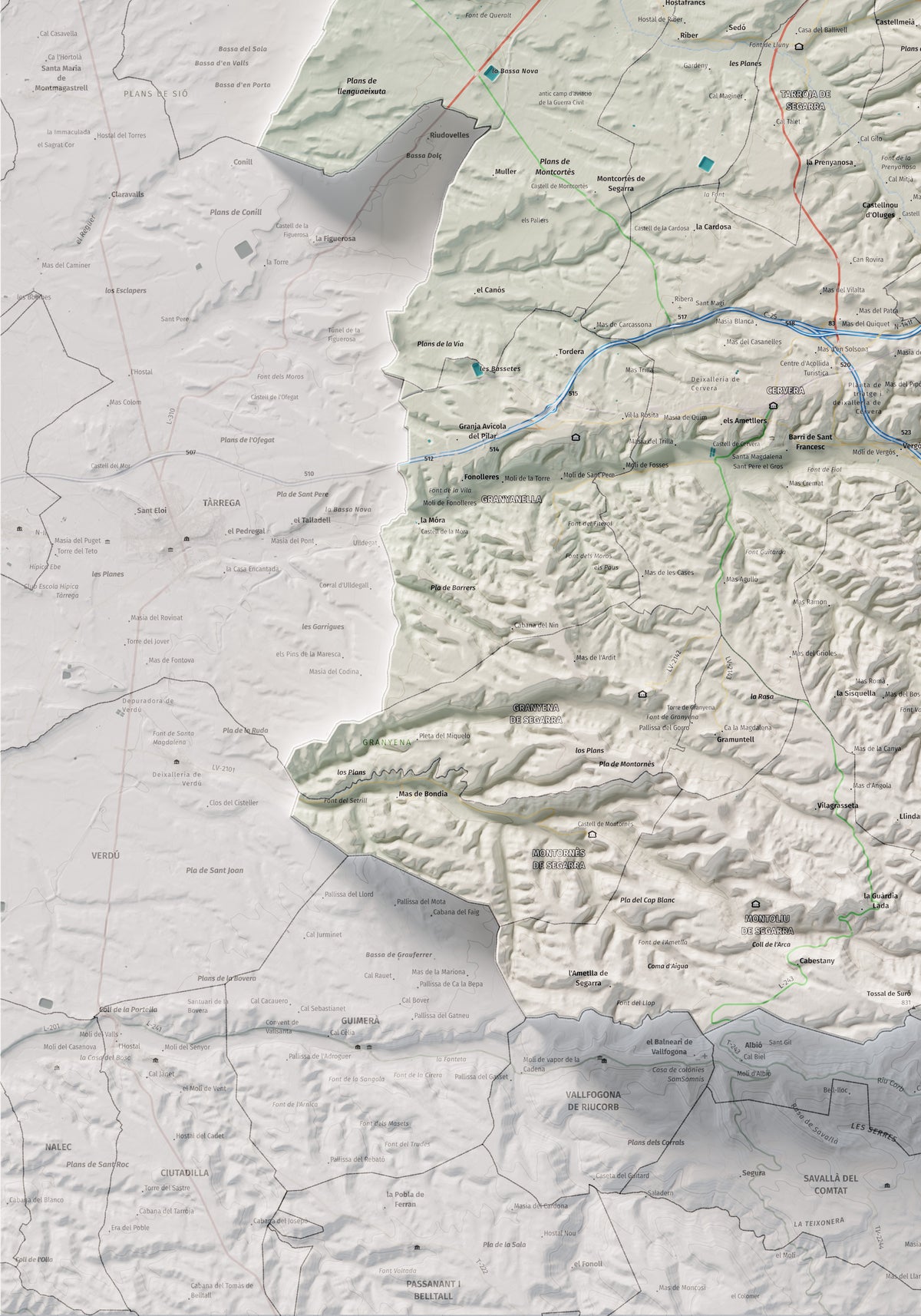 Mapa de relleu de la Segarra, amb el territori en color i l’entorn en blanc. Detall de la part inferior esquerra. 70 × 100 cm. Estil Cartogràfic.