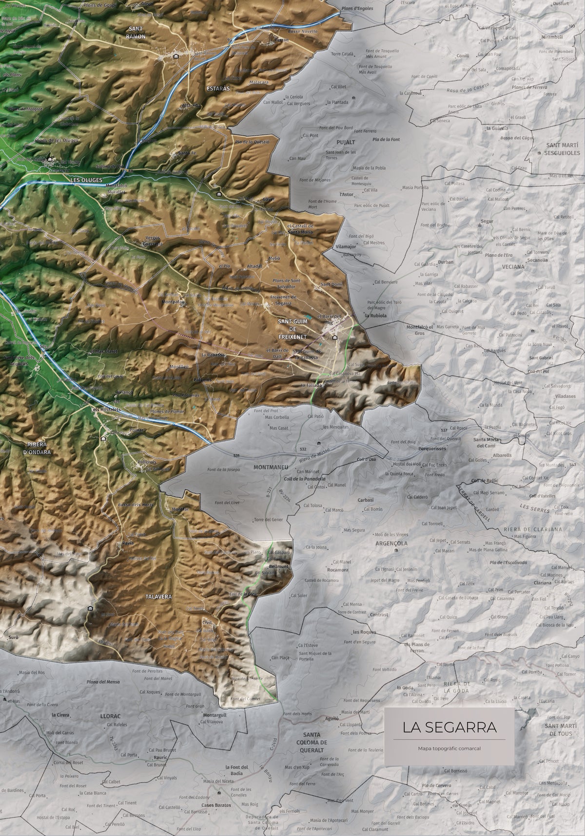 Mapa de relleu de la Segarra, amb el territori en color i l’entorn en blanc. Detall de la part inferior dreta. 70 × 100 cm. Estil Clàssic.