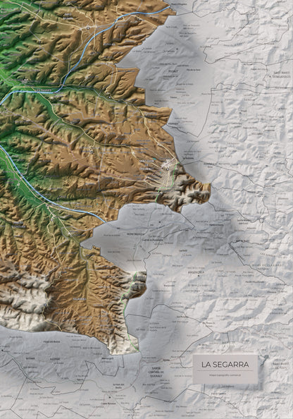Mapa de relleu de la Segarra, amb el territori en color i l’entorn en blanc. Detall de la part inferior dreta. 70 × 100 cm. Estil Clàssic.