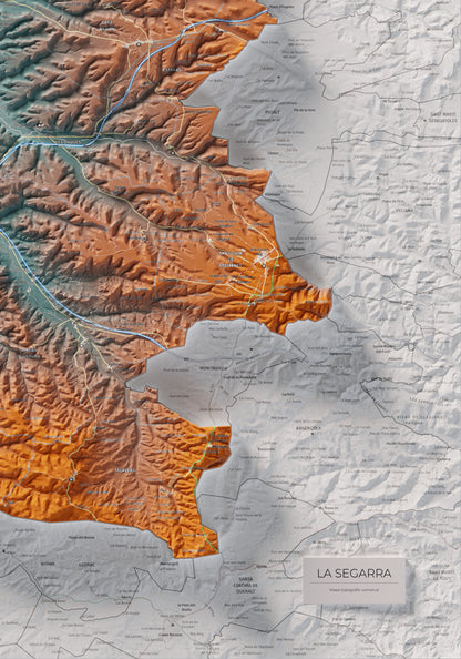 Mapa de relleu de la Segarra, amb el territori en color i l’entorn en blanc. Detall de la part inferior dreta. 70 × 100 cm. Estil Blau i taronja.