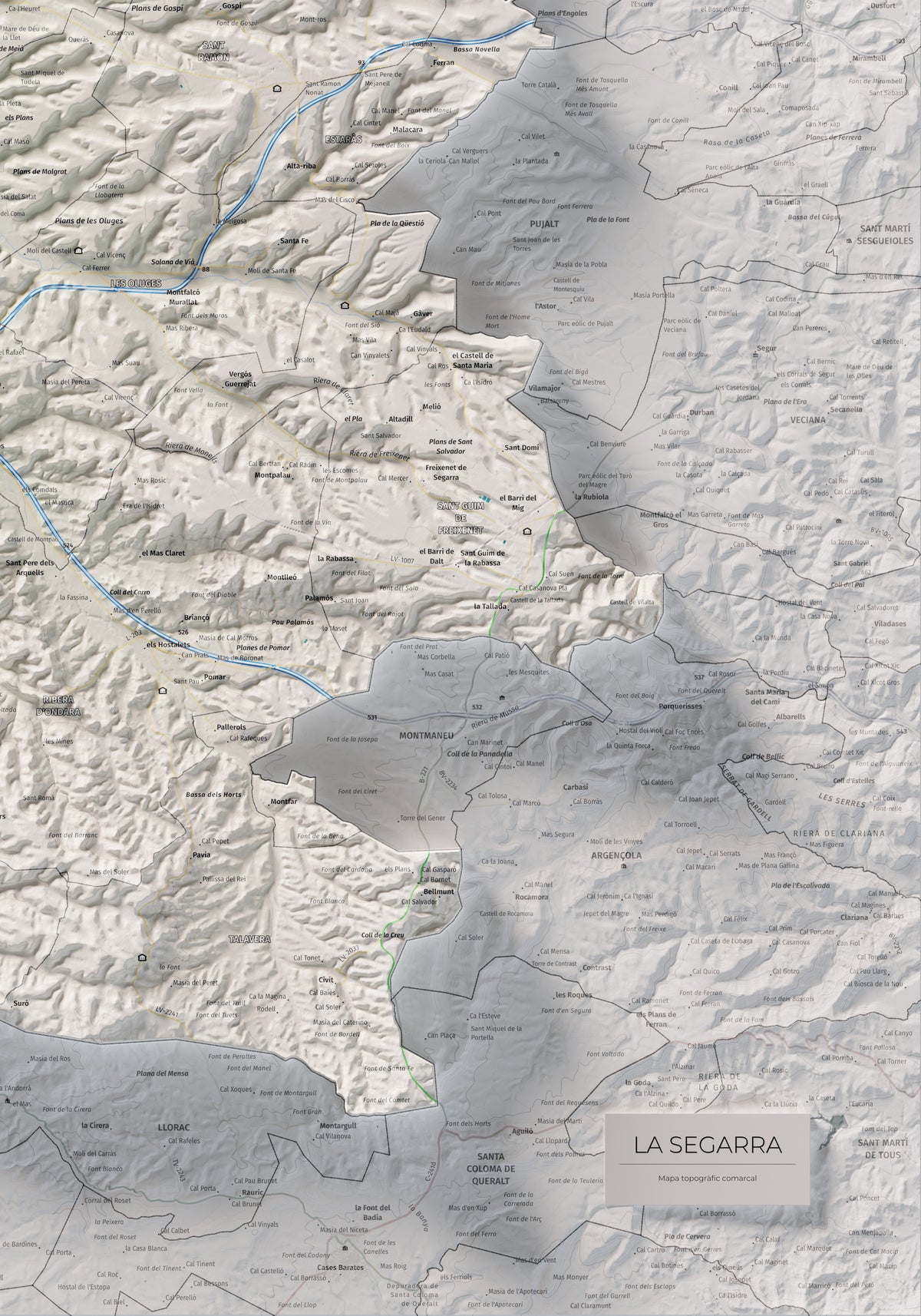 Mapa de relleu de la Segarra, amb el territori en color i l’entorn en blanc. Detall de la part inferior dreta. 70 × 100 cm. Estil Cartogràfic.